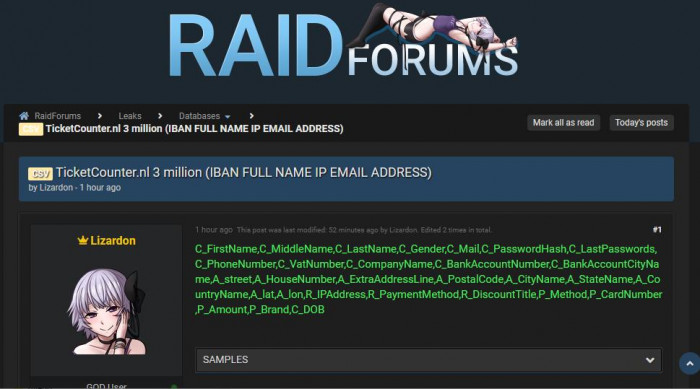 Die in einem Forum verlinkte Datenbank von Ticketcounter-Kunden enthielt zahlreiche personenbezogene Daten. (raidforums.com/Screenshot: Golem.de)